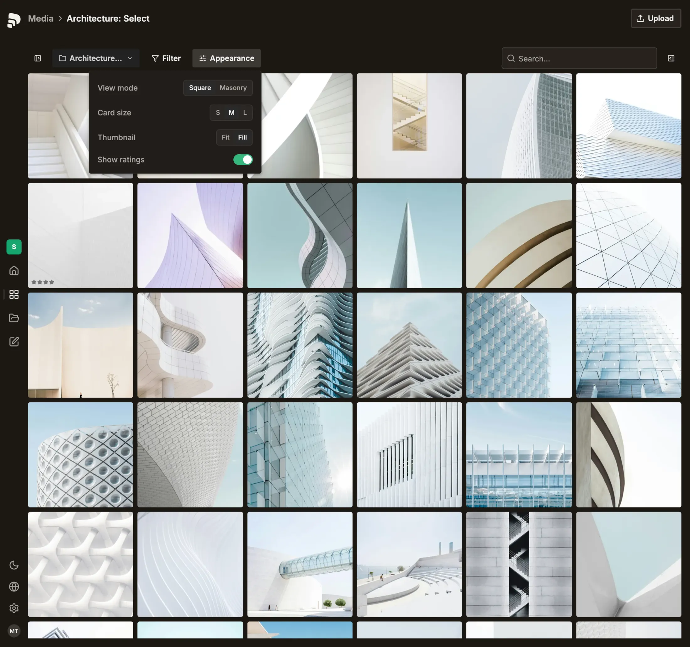 The media library: the appearance panel open over a dense square grid of photographs.
