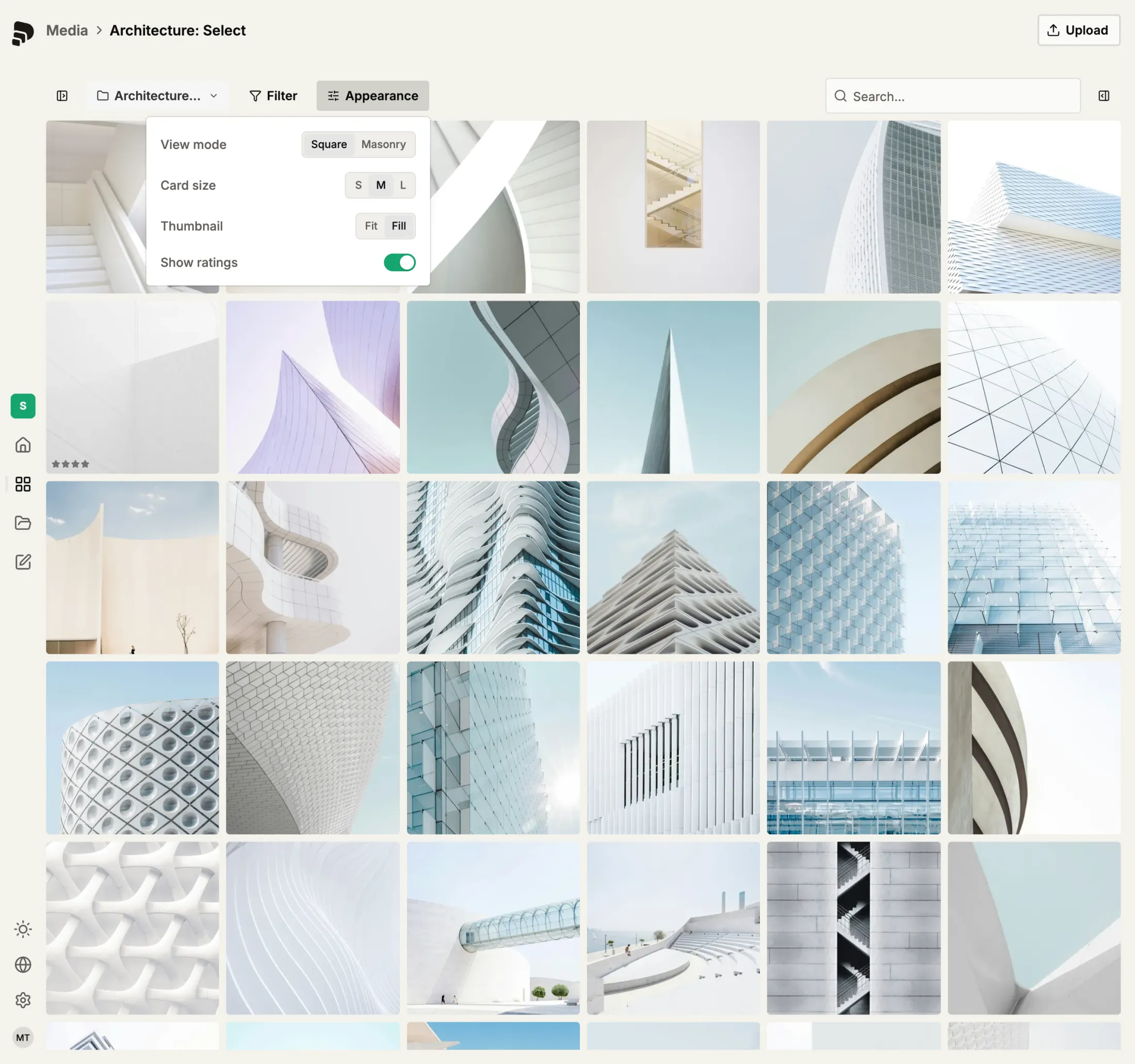 The media library: the appearance panel open over a dense square grid of photographs.