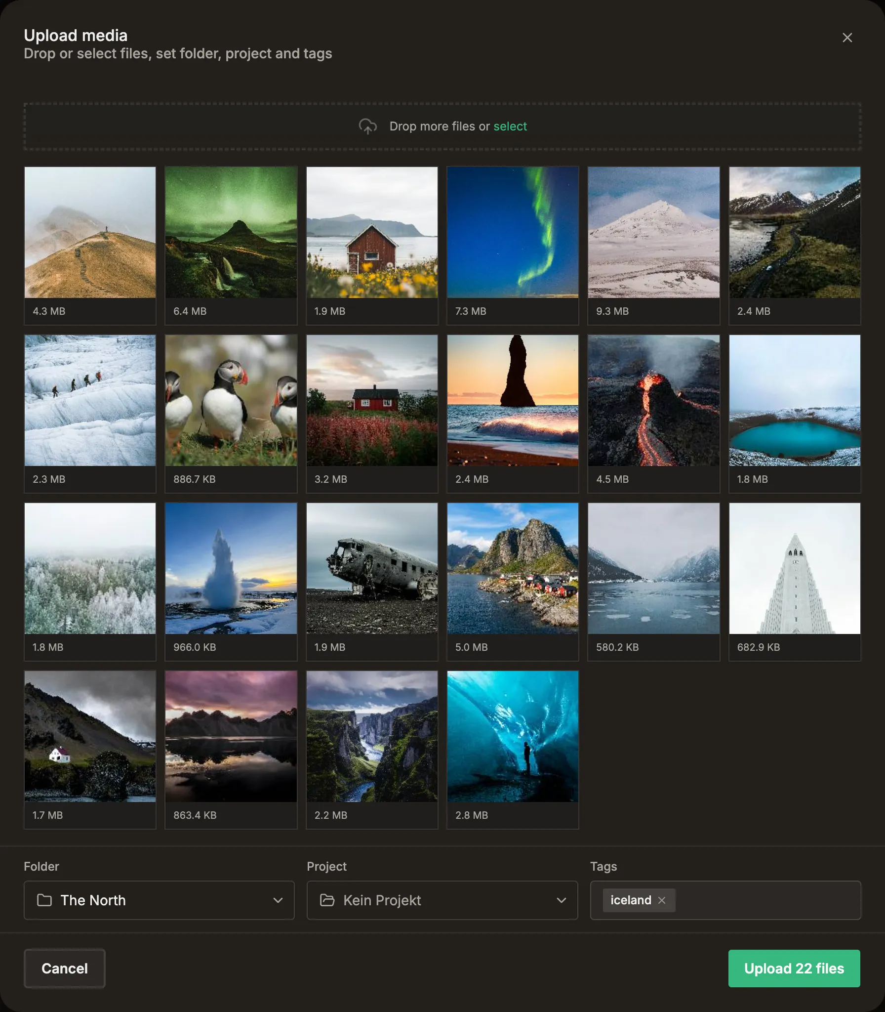 The upload dialog: a drop zone above a grid of photos waiting to be uploaded, each with its file size.
