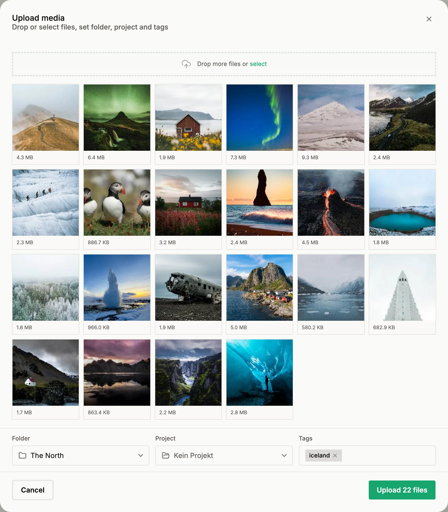 The upload dialog: a drop zone above a grid of photos waiting to be uploaded, each with its file size.