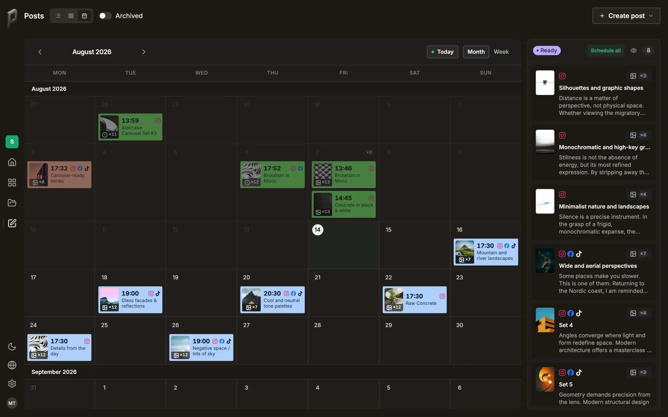 The posting plan as a calendar: a weekday header above day cells, each scheduled post a coloured chip with its time.