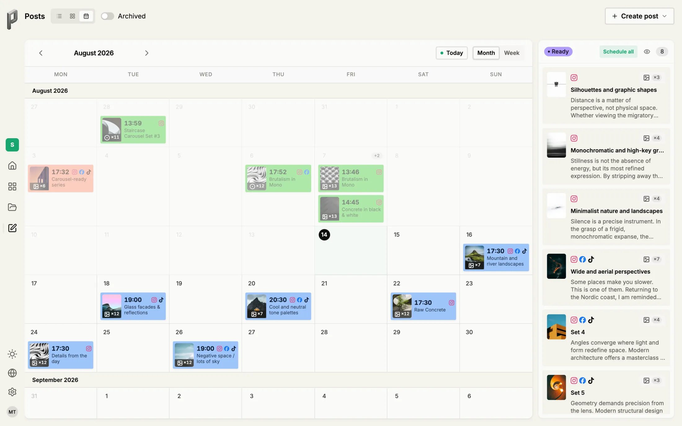 The posting plan as a calendar: a weekday header above day cells, each scheduled post a coloured chip with its time.