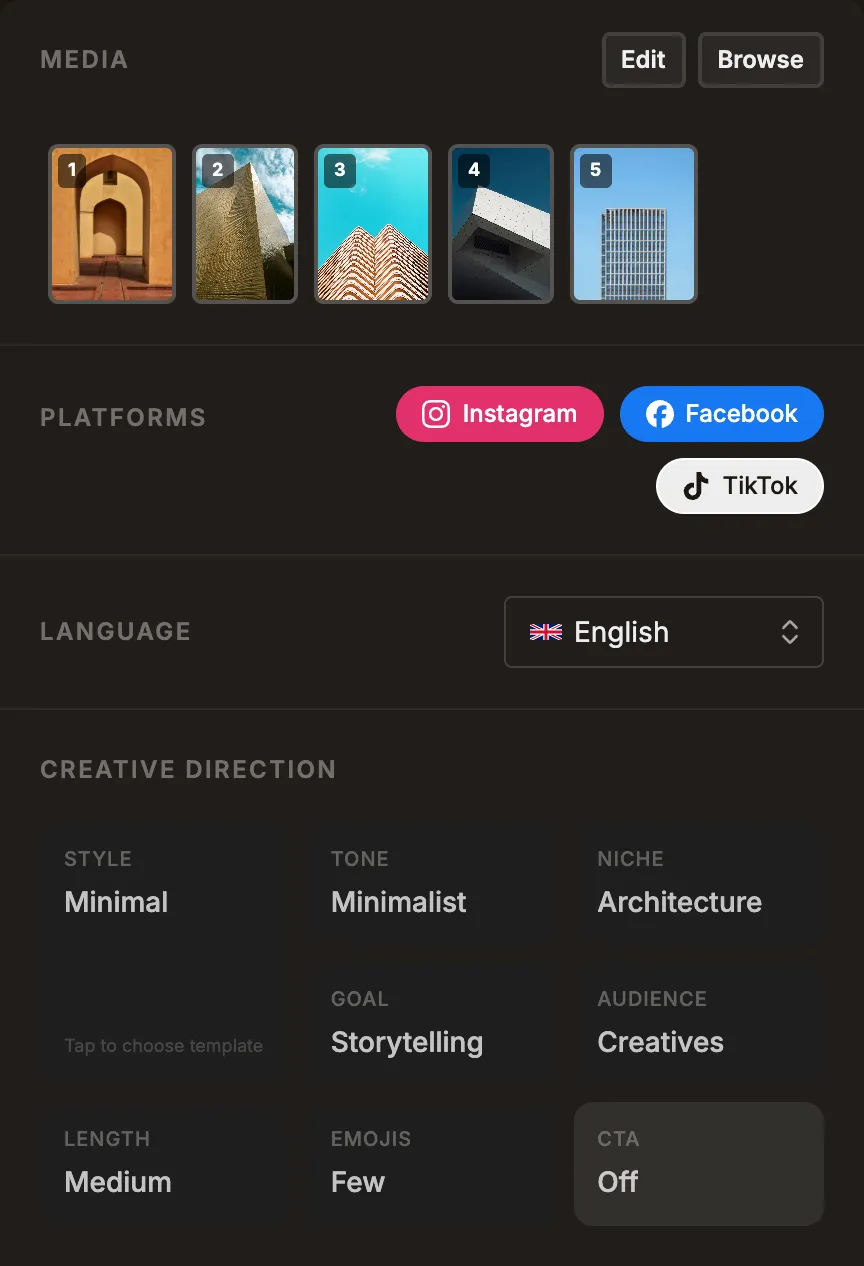 The shared layer of the post composer: one row of images from a shoot, the platforms this post goes out on, and the creative direction it is written from.