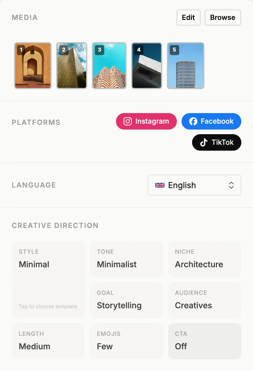 The shared layer of the post composer: one row of images from a shoot, the platforms this post goes out on, and the creative direction it is written from.