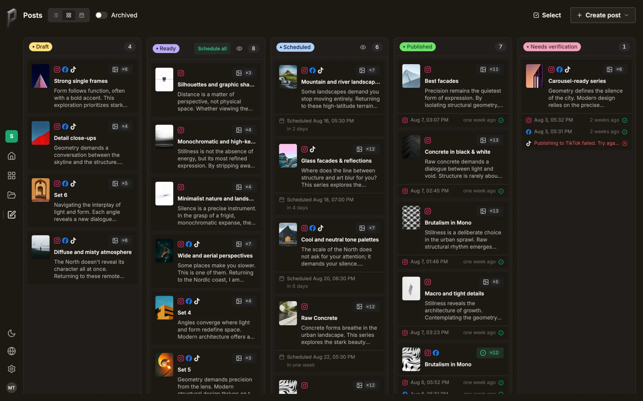 The same posts as a board: columns for draft, ready, scheduled and published, each with its count.