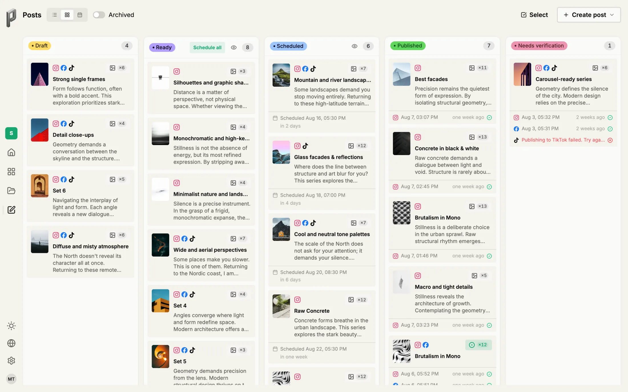 The same posts as a board: columns for draft, ready, scheduled and published, each with its count.