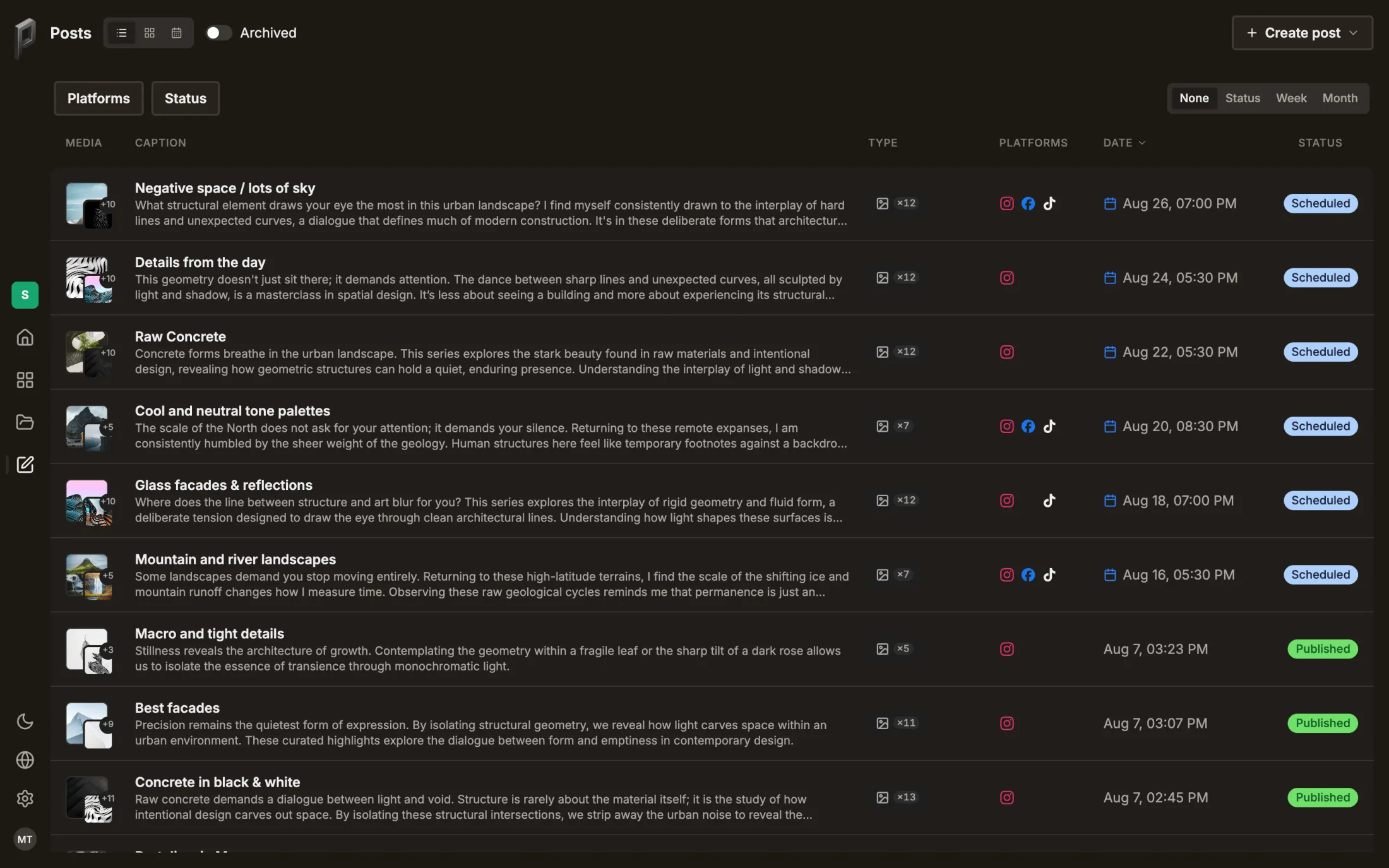 The same posts as a list: one row per post with its caption, type, platforms, date and status.