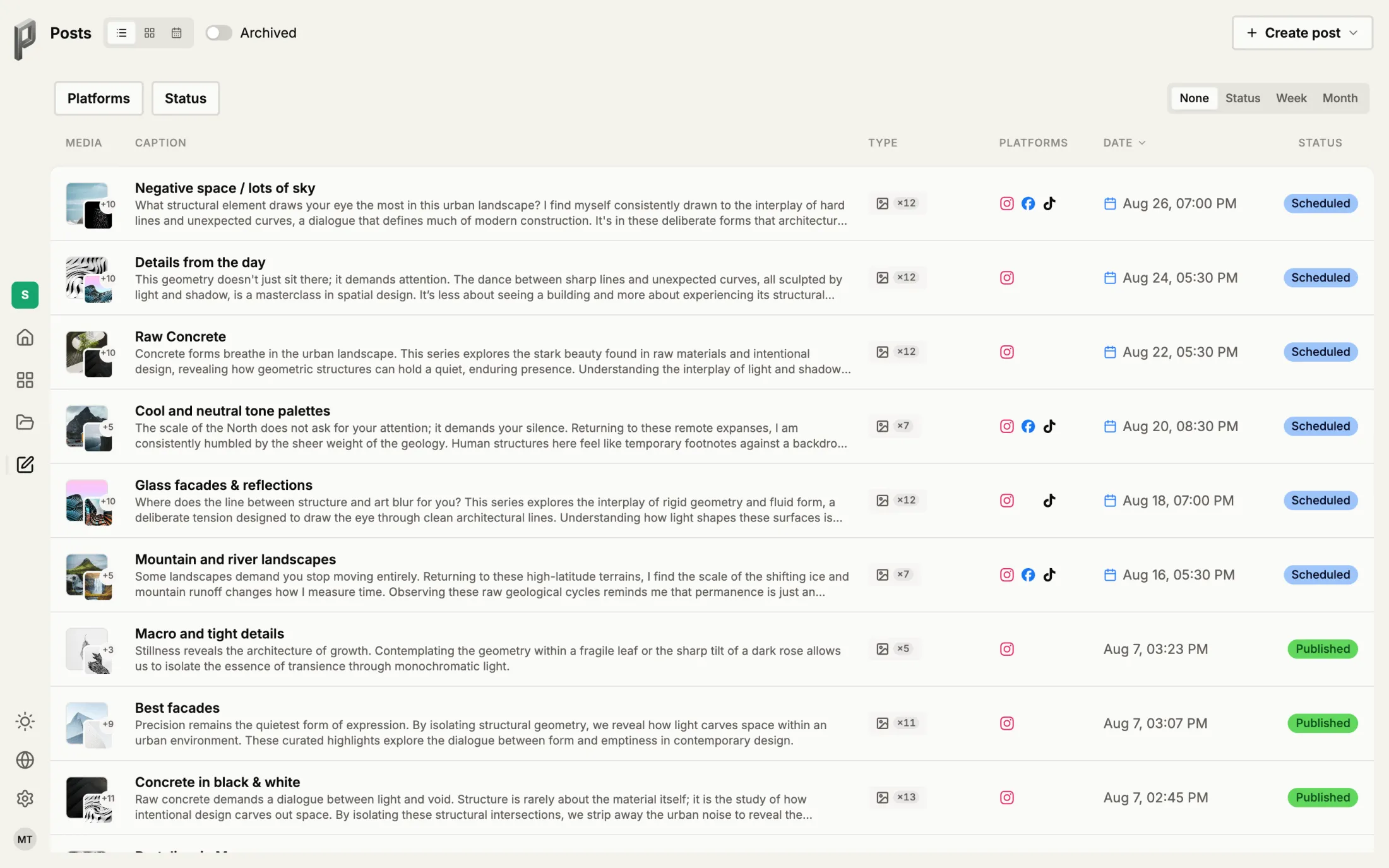 The same posts as a list: one row per post with its caption, type, platforms, date and status.