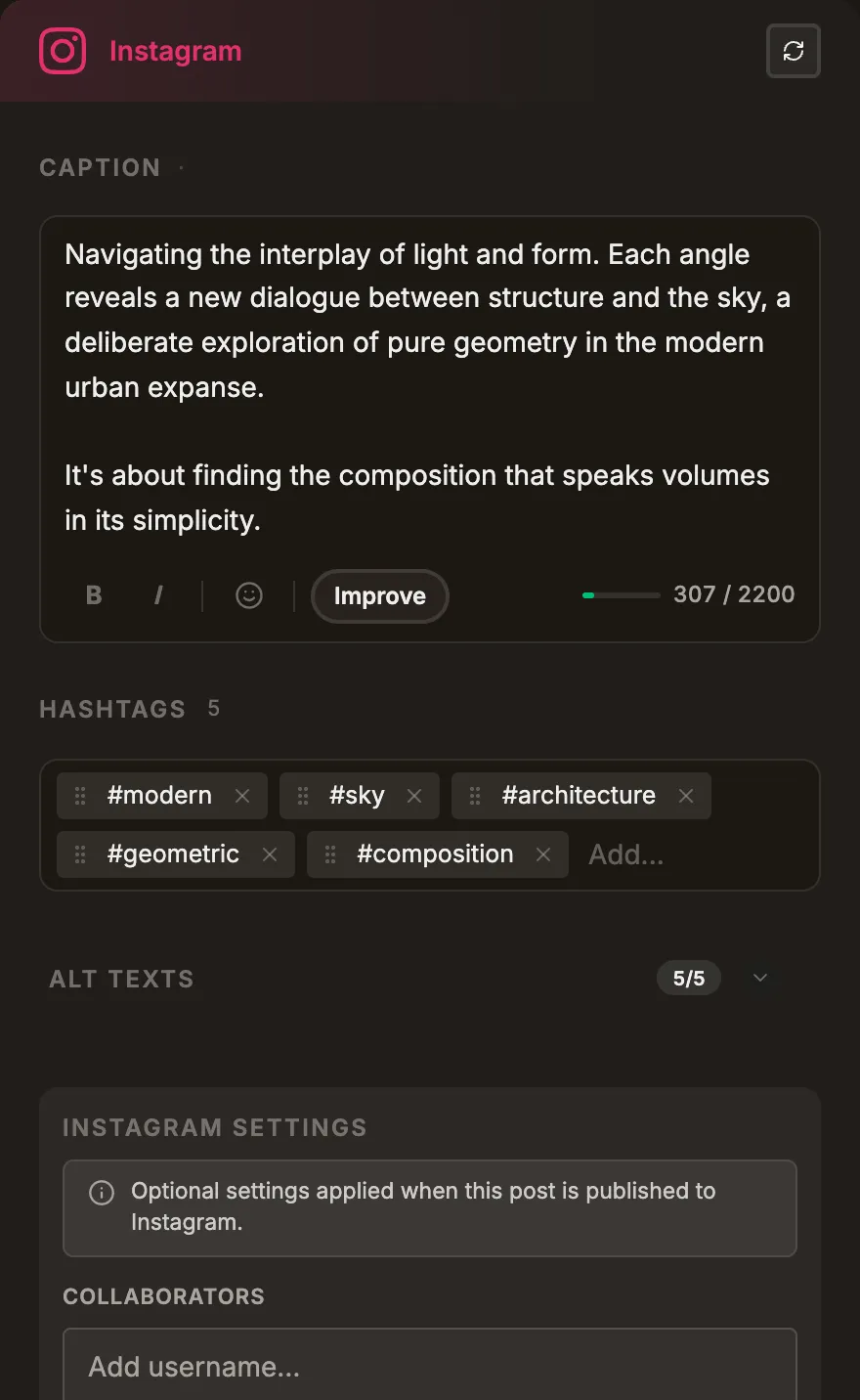 The generated Instagram version of the post: caption in its field and the hashtags below it.