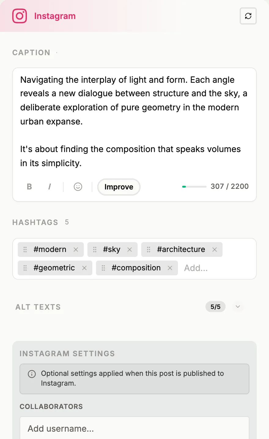 The generated Instagram version of the post: caption in its field and the hashtags below it.