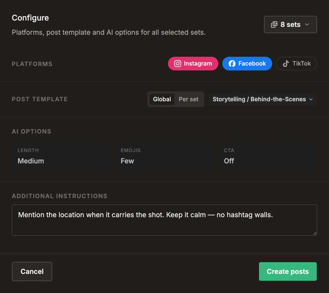 The batch dialog on a project: channels, post template and AI options, set once for all eight sets.