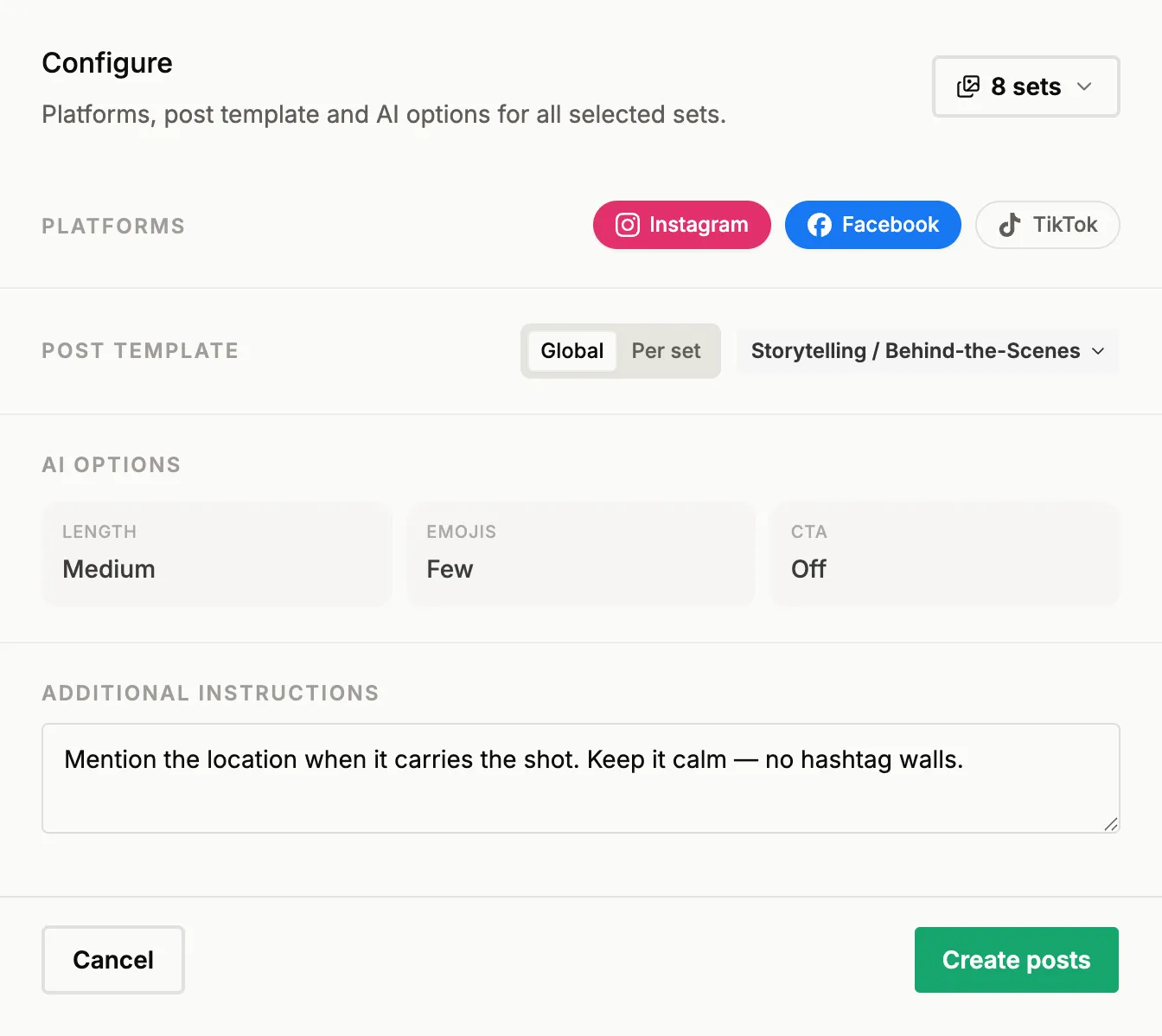 The batch dialog on a project: channels, post template and AI options, set once for all eight sets.