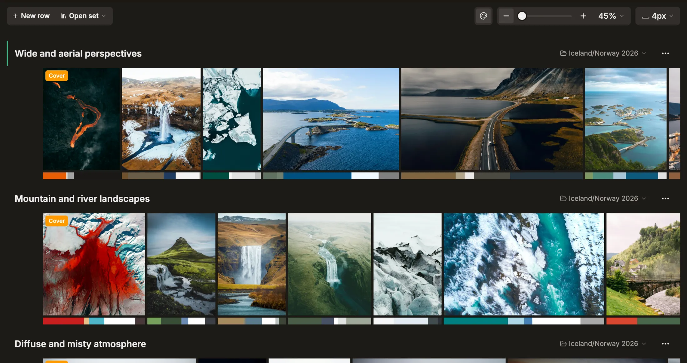 The set editor with several sets open, each one a row of frames under its own title.